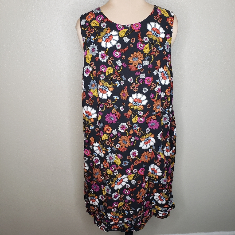 J. Jill Floral Print Sleveless Layered Hem Dress XL Black